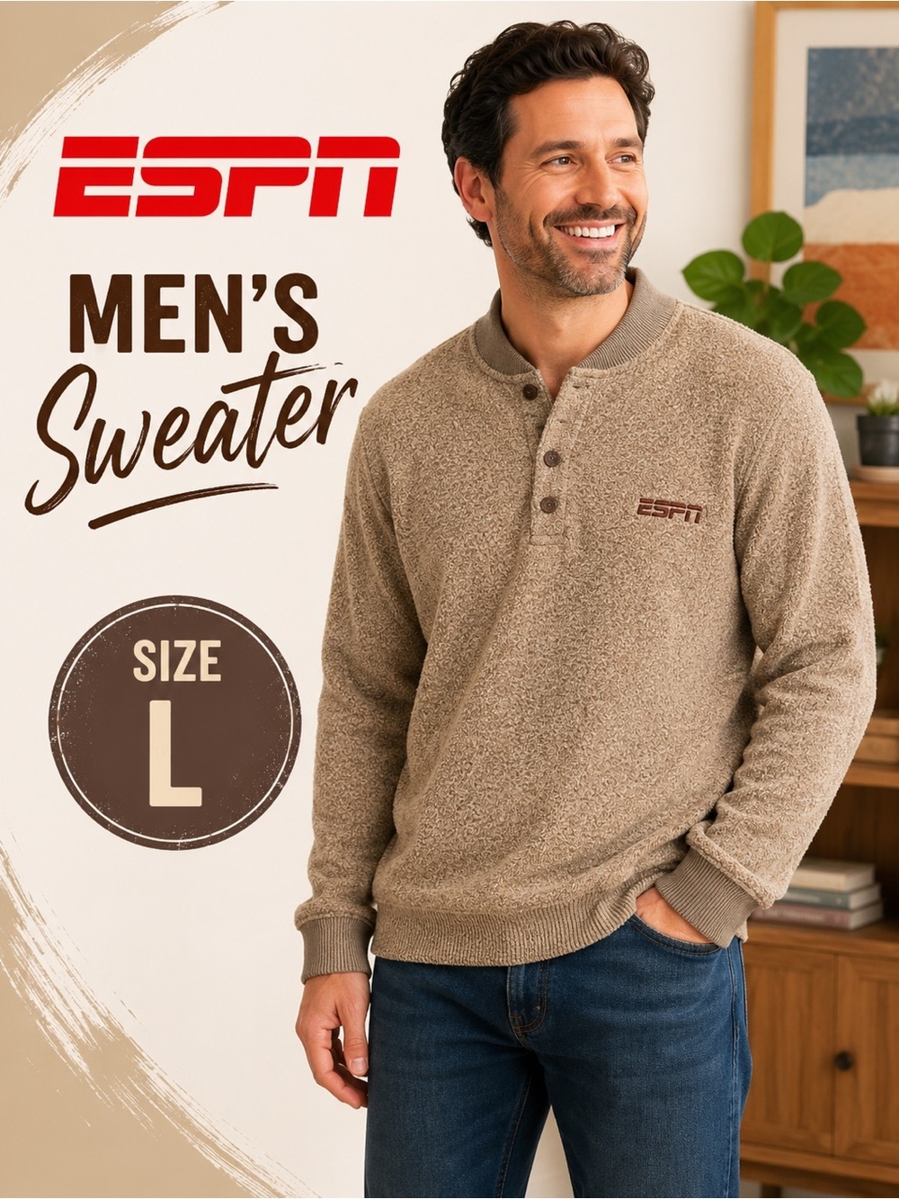 ESPN embroidered Men's Tan Terry Knit Henley Sweater LARGE